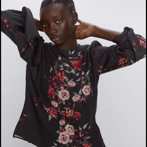 Zara black floral print top with ties at sleeve size XS - Picture 4 of 5